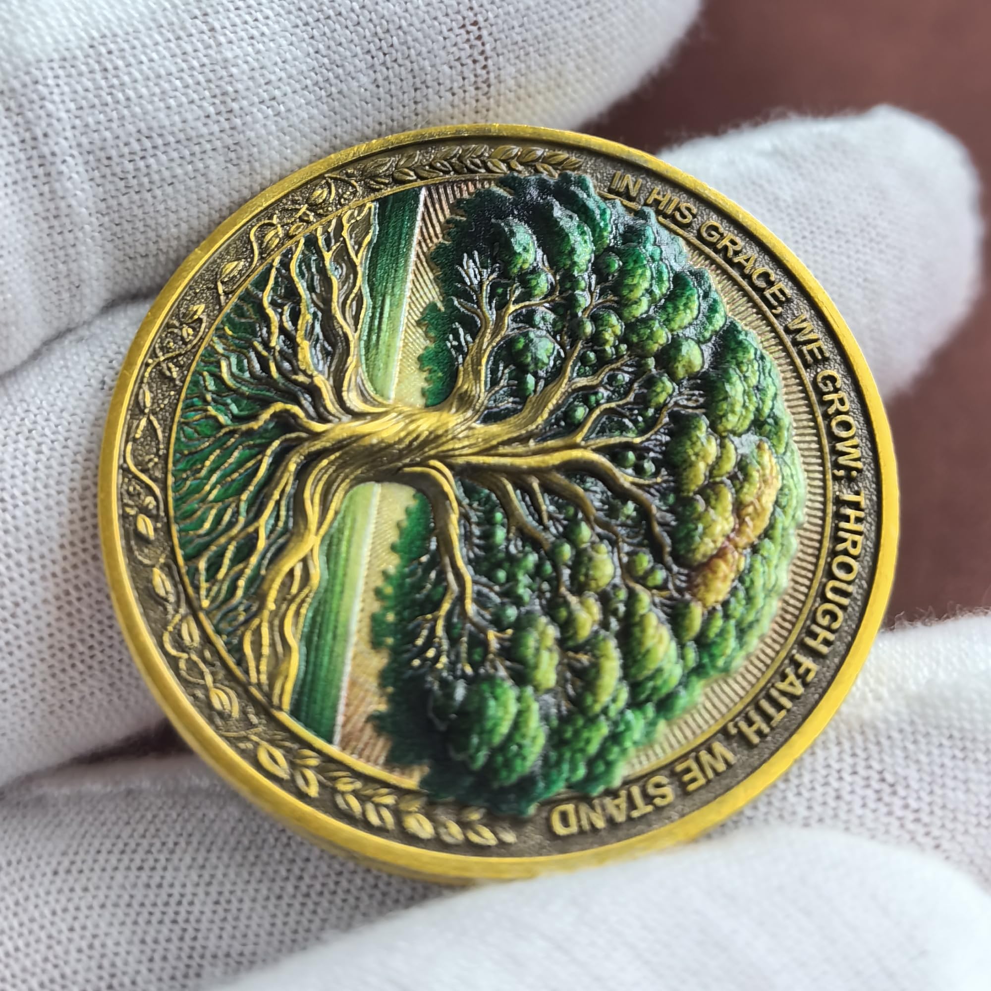 Tree of Faith Christian Challenge Coin – Gold Finish with Colossians 2:6-7 Verse