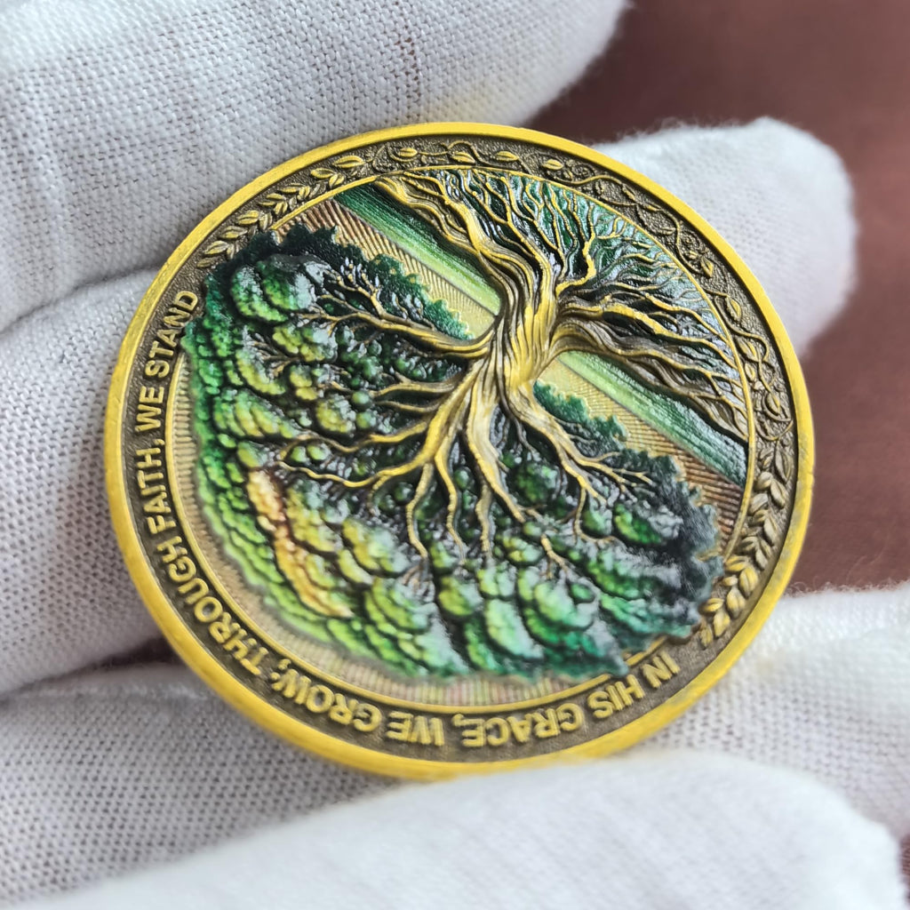 Tree of Faith Christian Challenge Coin – Gold Finish with Colossians 2:6-7 Verse