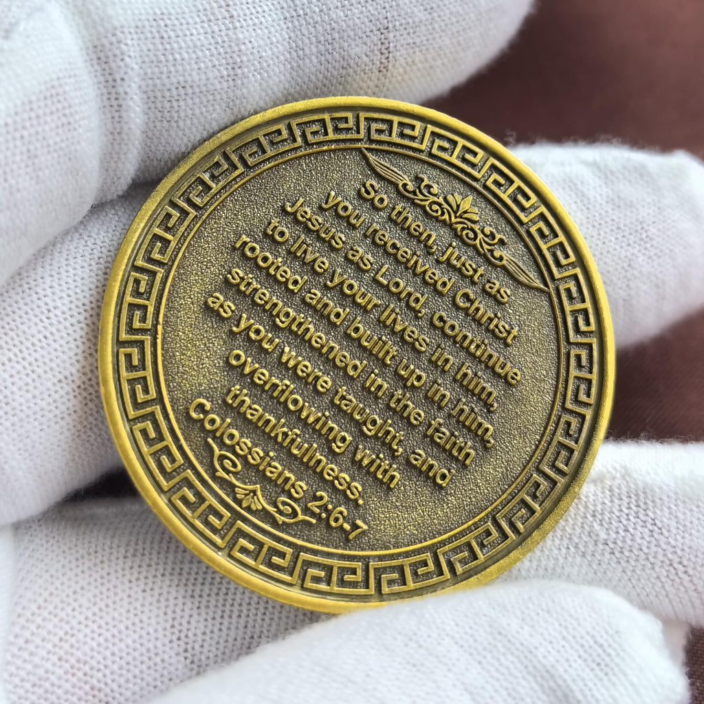 Tree of Faith Christian Challenge Coin – Gold Finish with Colossians 2:6-7 Verse