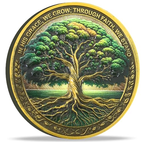 Tree of Faith Christian Challenge Coin – Gold Finish with Colossians 2:6-7 Verse