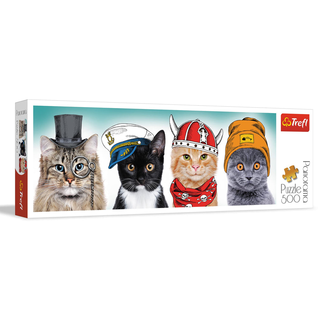 Trefl Panorama Fluffy Team 500 Piece Jigsaw Puzzle – 26x9 Inch Panoramic Puzzle with Cats in Hats