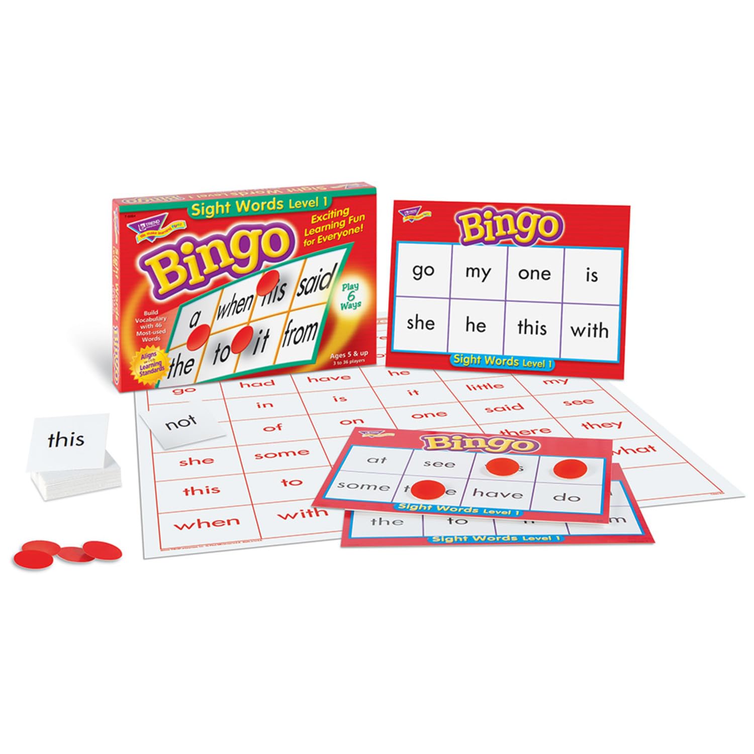 TREND Sight Words Level 1 Bingo Game – 36 Cards, 264 Chips, 6 Ways to Play, Ages 5+