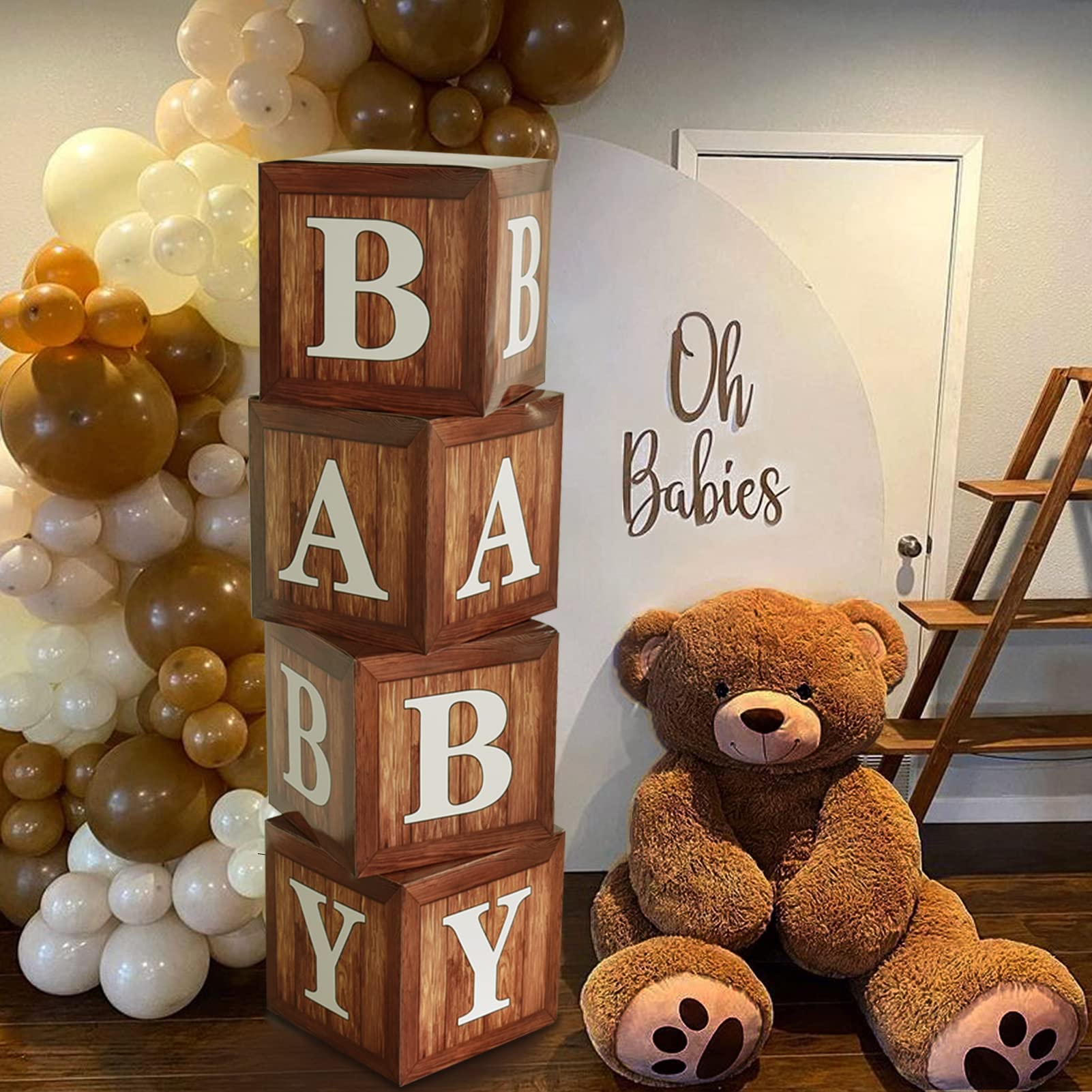TREWAVE Wood Grain Baby Shower Display Boxes – 4-Pack Neutral Gender Reveal Party Decoration with Teddy Bear Blocks