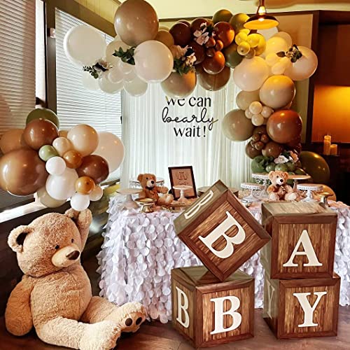 TREWAVE Wood Grain Baby Shower Display Boxes – 4-Pack Neutral Gender Reveal Party Decoration with Teddy Bear Blocks