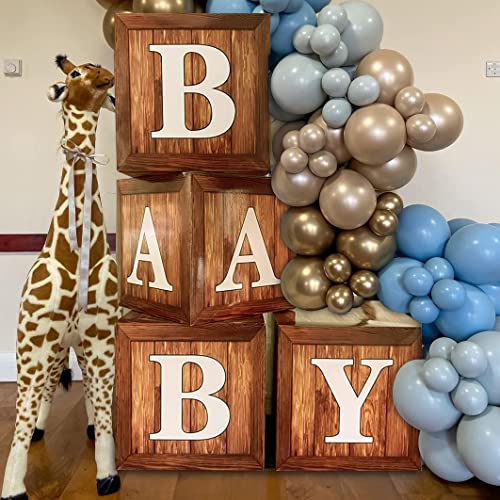 TREWAVE Wood Grain Baby Shower Display Boxes – 4-Pack Neutral Gender Reveal Party Decoration with Teddy Bear Blocks