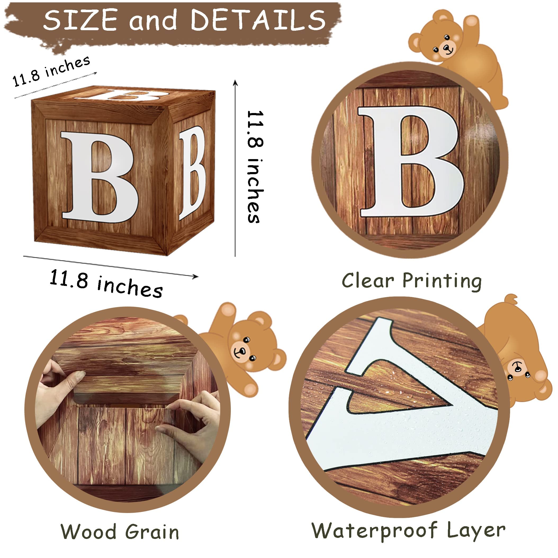 TREWAVE Wood Grain Baby Shower Display Boxes – 4-Pack Neutral Gender Reveal Party Decoration with Teddy Bear Blocks