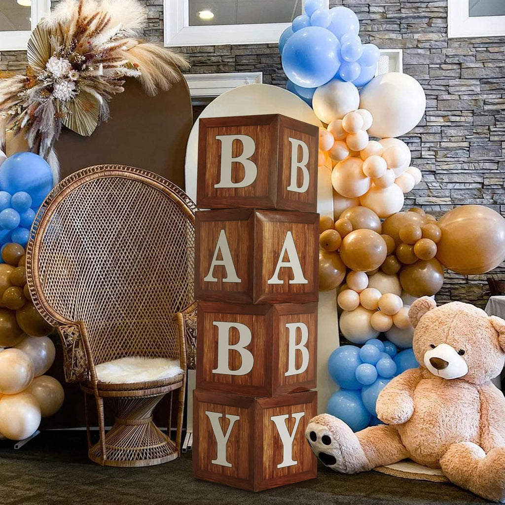 TREWAVE Wood Grain Baby Shower Display Boxes – 4-Pack Neutral Gender Reveal Party Decoration with Teddy Bear Blocks