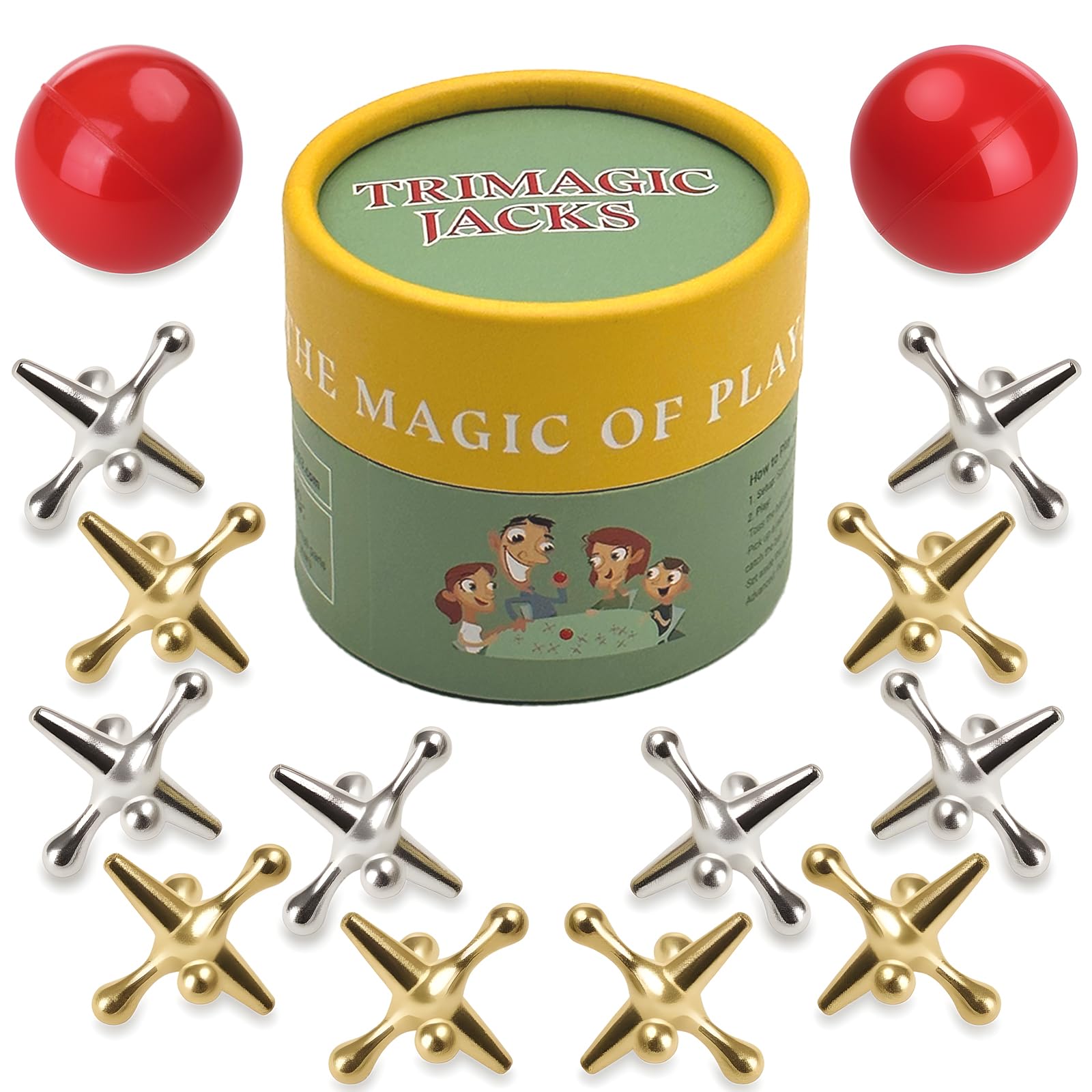 TriMagic Metal Jacks Game – Classic Jax Set with Two High-Bounce Balls, Retro Family Game