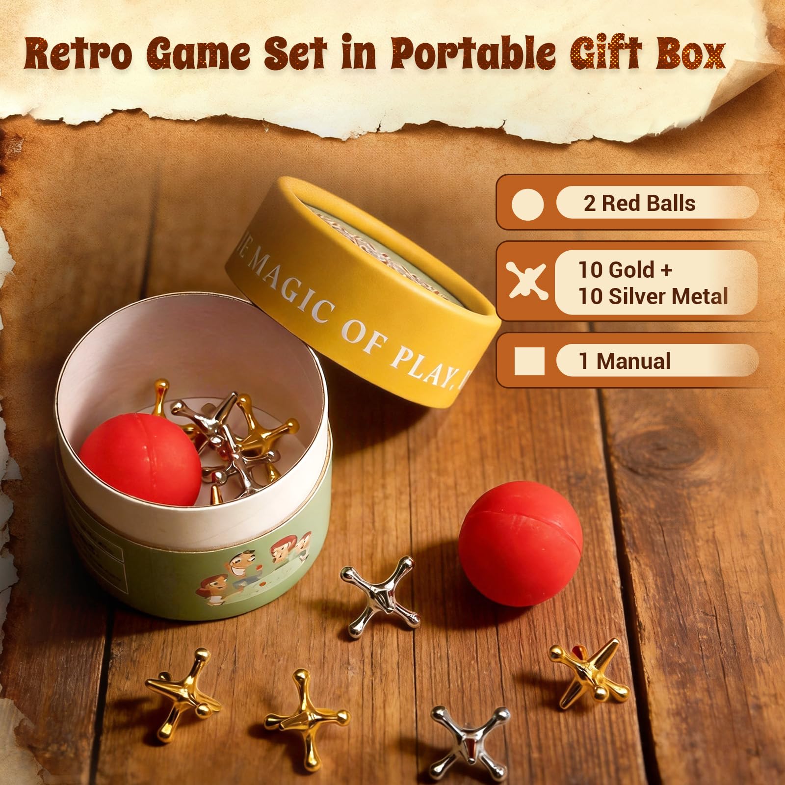 TriMagic Metal Jacks Game – Classic Jax Set with Two High-Bounce Balls, Retro Family Game
