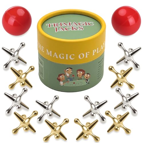 TriMagic Metal Jacks Game – Classic Jax Set with Two High-Bounce Balls, Retro Family Game