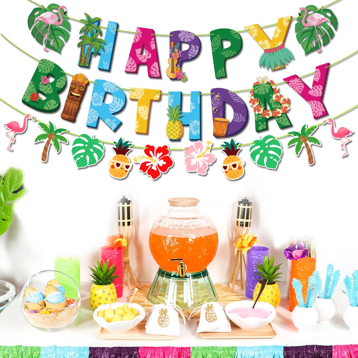 Tropical Summer Birthday Banner Set - Flamingo, Palm Leaves, Aloha Theme Party Decorations
