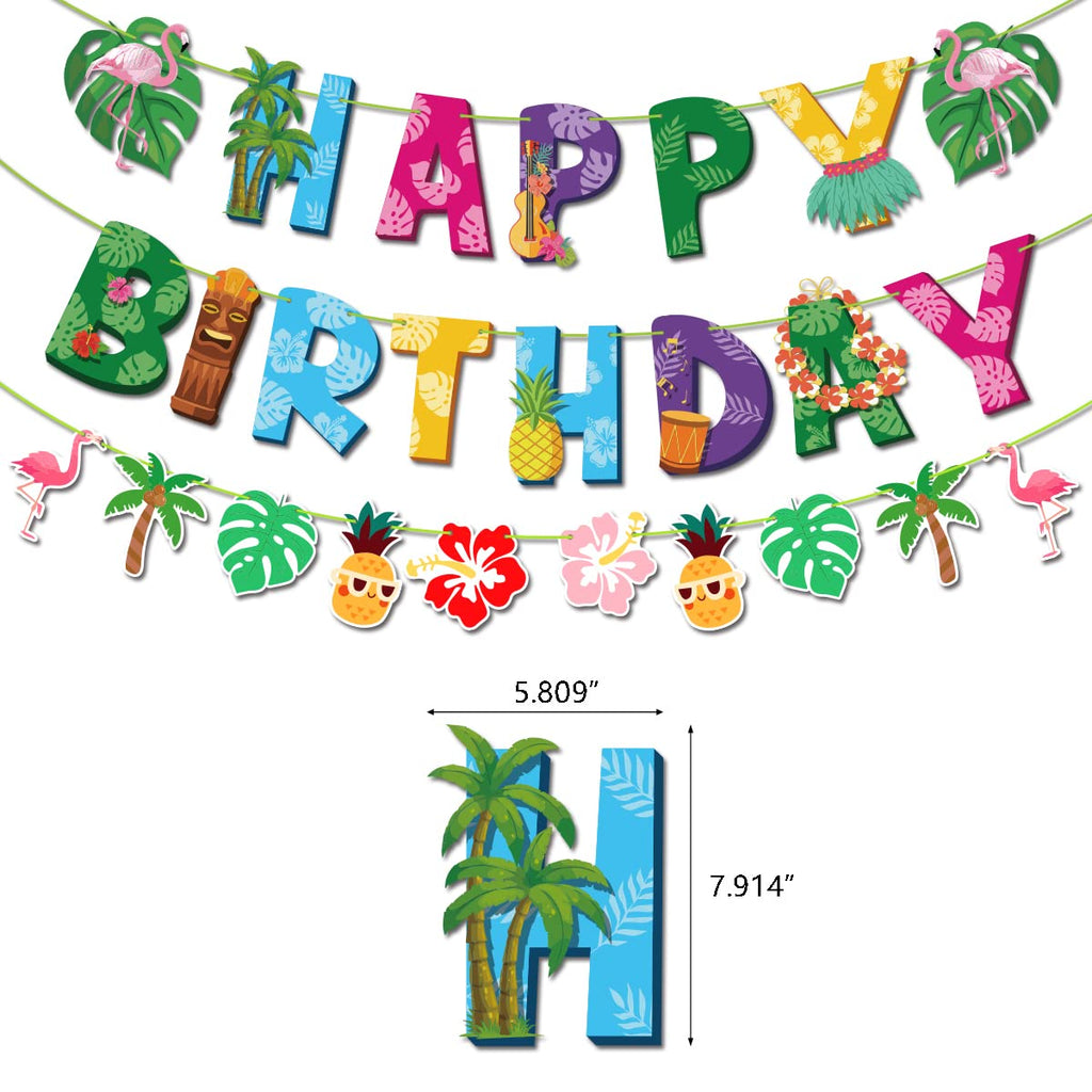 Tropical Summer Birthday Banner Set - Flamingo, Palm Leaves, Aloha Theme Party Decorations