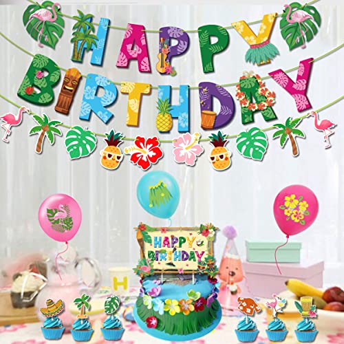 Tropical Summer Birthday Banner Set - Flamingo, Palm Leaves, Aloha Theme Party Decorations