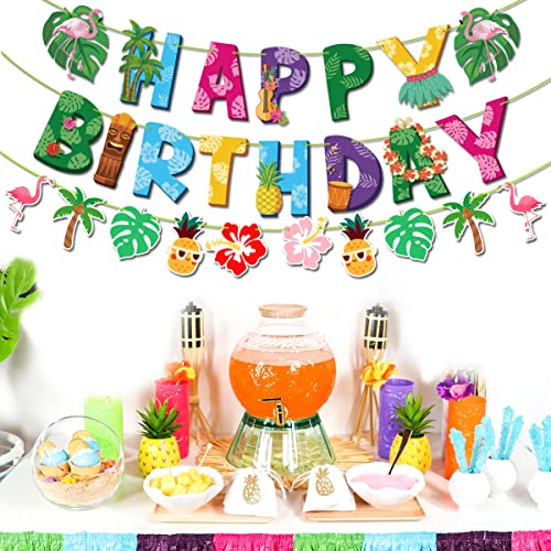 Tropical Summer Birthday Banner Set - Flamingo, Palm Leaves, Aloha Theme Party Decorations