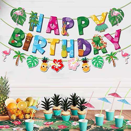 Tropical Summer Birthday Banner Set - Flamingo, Palm Leaves, Aloha Theme Party Decorations