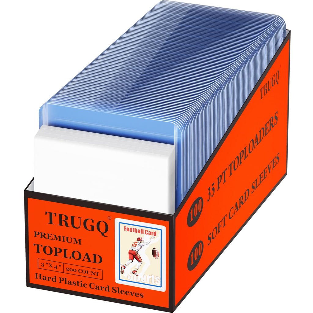 TRUGQ 200-Pack Card Protectors: 100 Rigid Toploaders & 100 Soft Sleeves, 3x4 Inch Clear Plastic for Sports & Game Cards