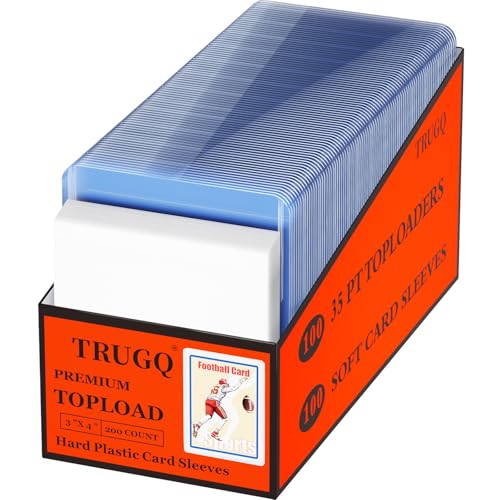 TRUGQ 200-Pack Card Protectors: 100 Rigid Toploaders & 100 Soft Sleeves, 3x4 Inch Clear Plastic for Sports & Game Cards