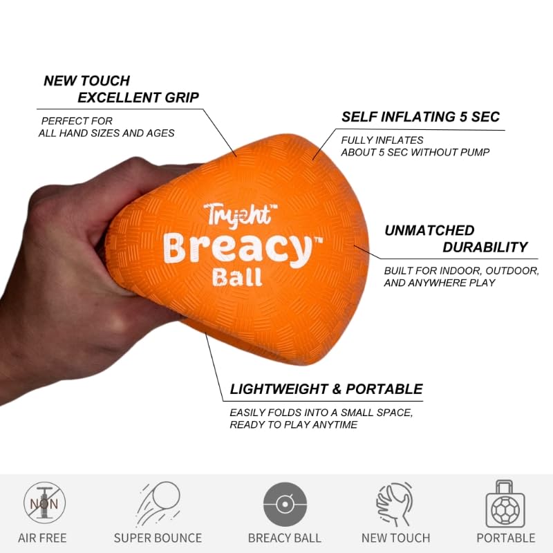 Tryeht Self-Inflating Ball 5 Inch – No Pump Needed, Orange Rubber, High Bounce, Portable