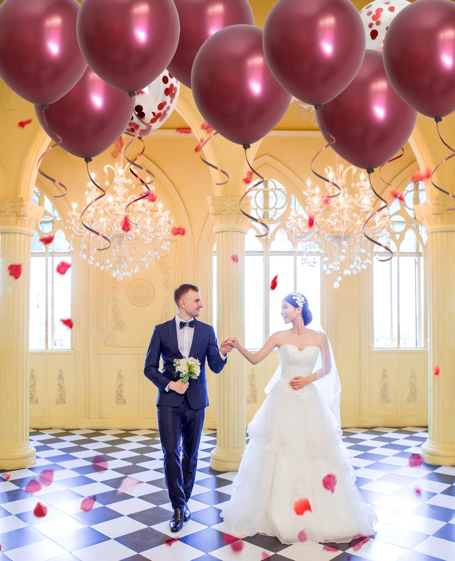 TSOTU 50-Pack Burgundy Metallic & Confetti Balloons for Wedding, Bridal Shower, Valentine's Day Decor