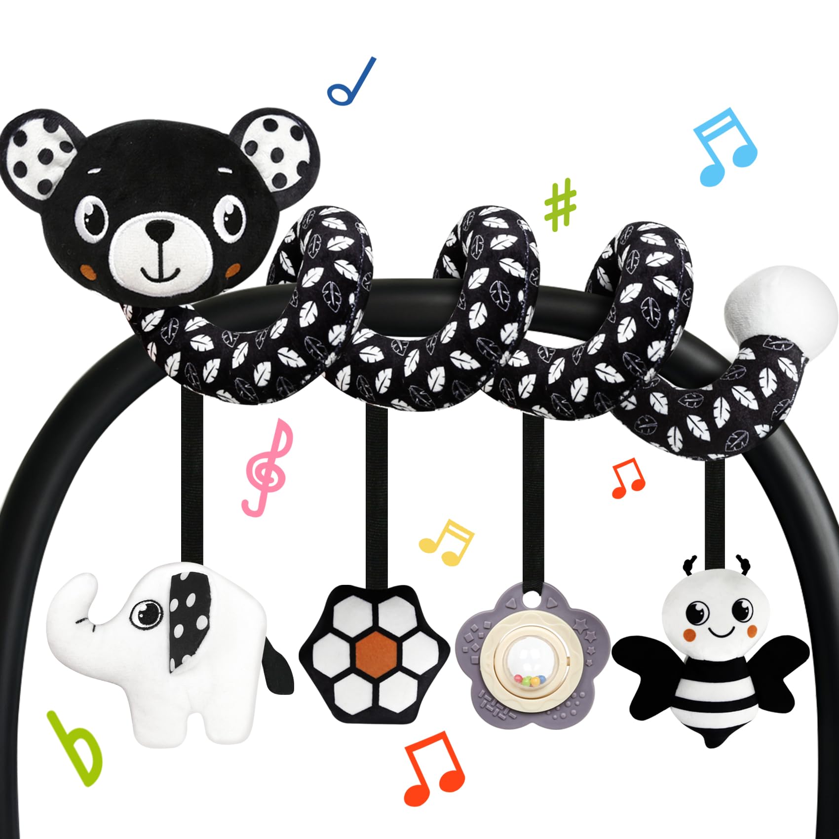 TSYAN Black and White Bear Spiral Car Seat Toy for Newborns 0-6 Months with Bell and Squeaker
