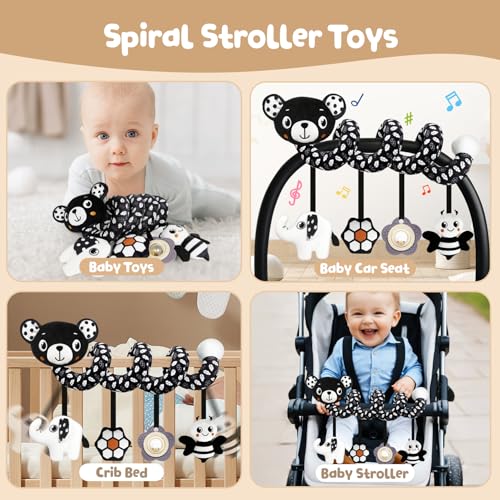 TSYAN Black and White Bear Spiral Car Seat Toy for Newborns 0-6 Months with Bell and Squeaker