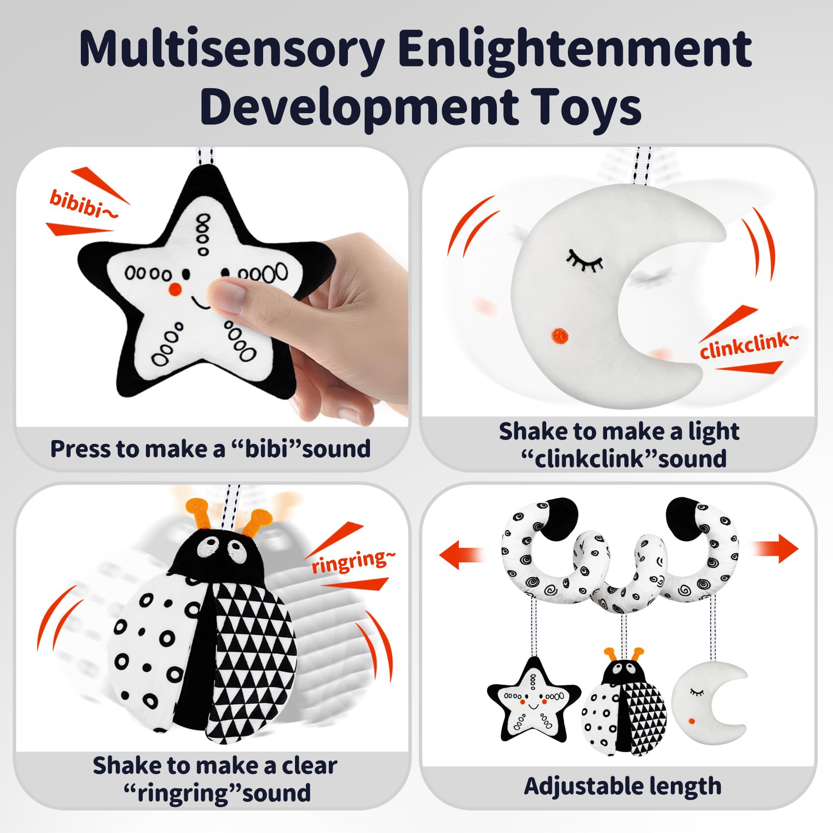TSYAN Black and White Bug Car Seat Toy with Bell and Squeaker for Newborns 0-12 Months