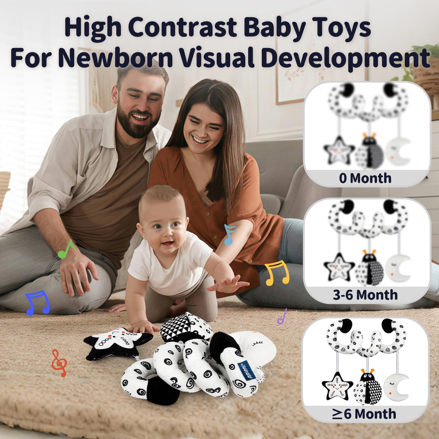 TSYAN Black and White Bug Car Seat Toy with Bell and Squeaker for Newborns 0-12 Months