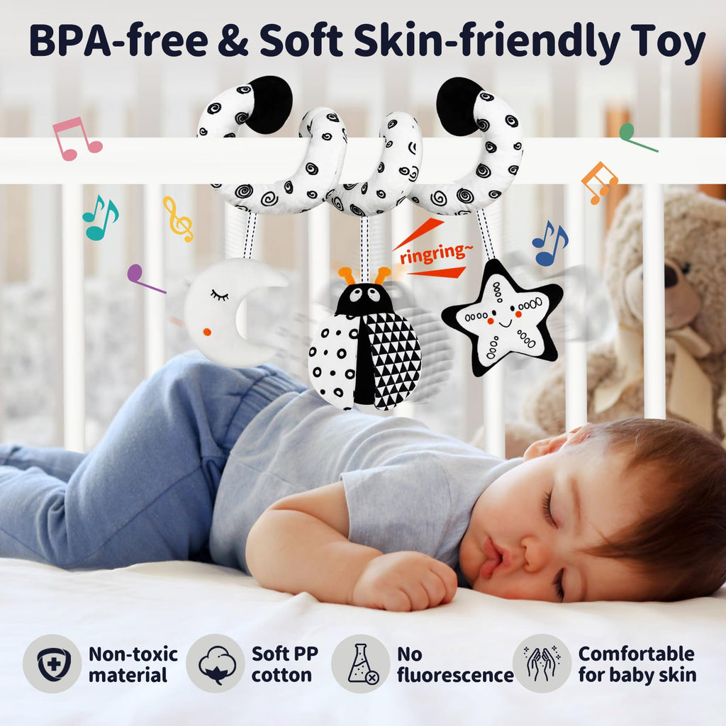 TSYAN Black and White Bug Car Seat Toy with Bell and Squeaker for Newborns 0-12 Months