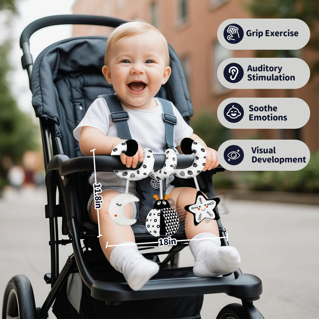 TSYAN Black and White Bug Car Seat Toy with Bell and Squeaker for Newborns 0-12 Months