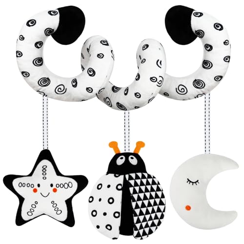 TSYAN Black and White Bug Car Seat Toy with Bell and Squeaker for Newborns 0-12 Months