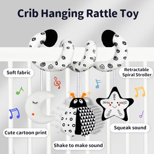 TSYAN Black and White Bug Car Seat Toy with Bell and Squeaker for Newborns 0-12 Months