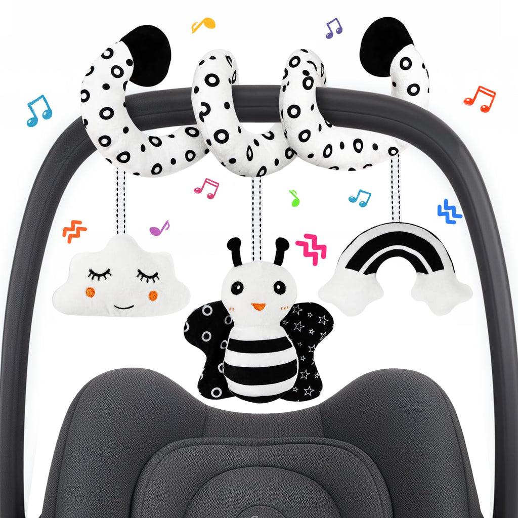 TSYAN Black & White High Contrast Car Seat Toy for Newborns 0-6 Months – Spiral Plush with Bell & Squeaker