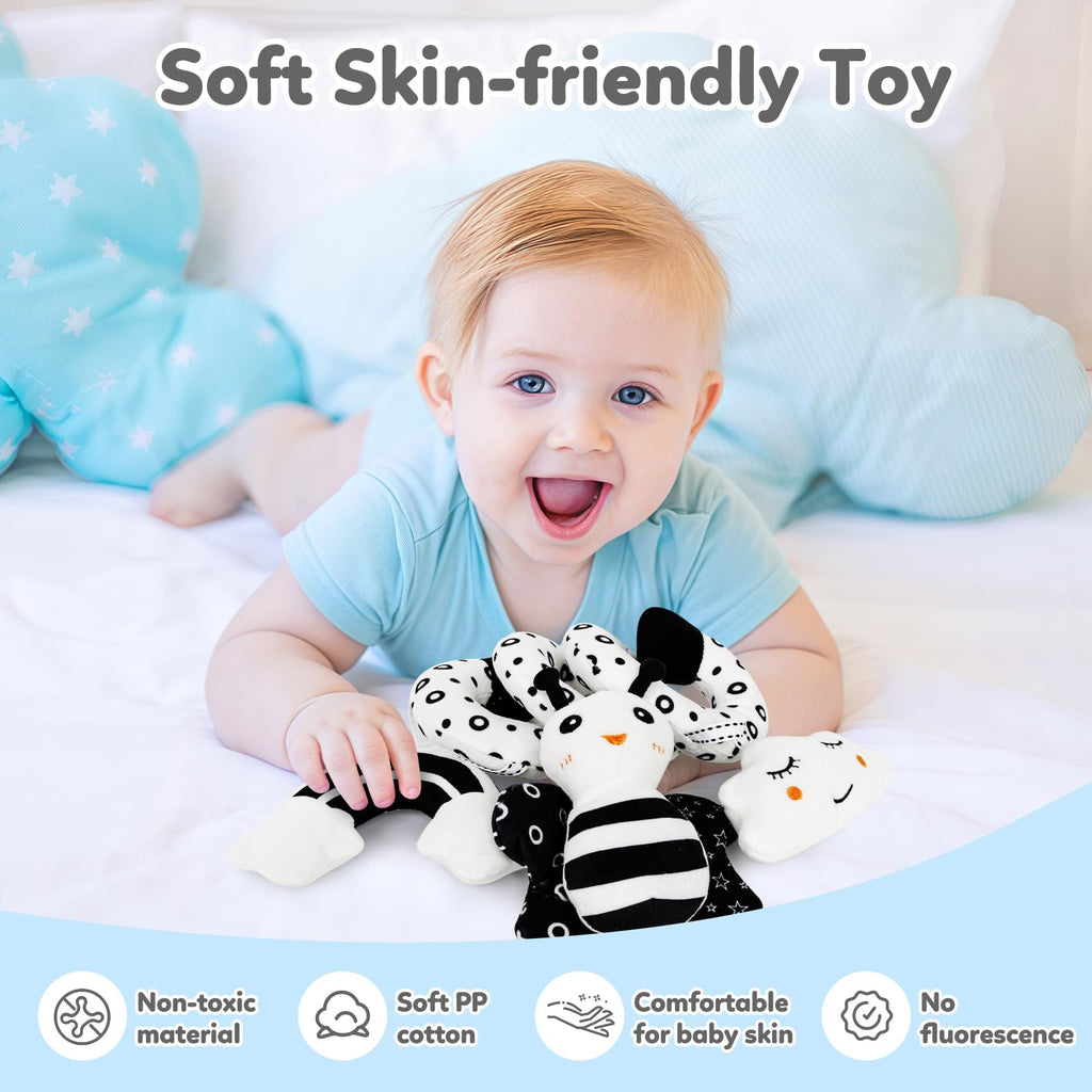 TSYAN Black & White High Contrast Car Seat Toy for Newborns 0-6 Months – Spiral Plush with Bell & Squeaker