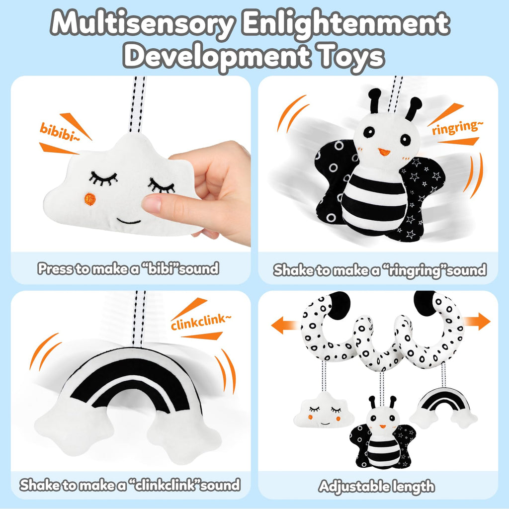 TSYAN Black & White High Contrast Car Seat Toy for Newborns 0-6 Months – Spiral Plush with Bell & Squeaker