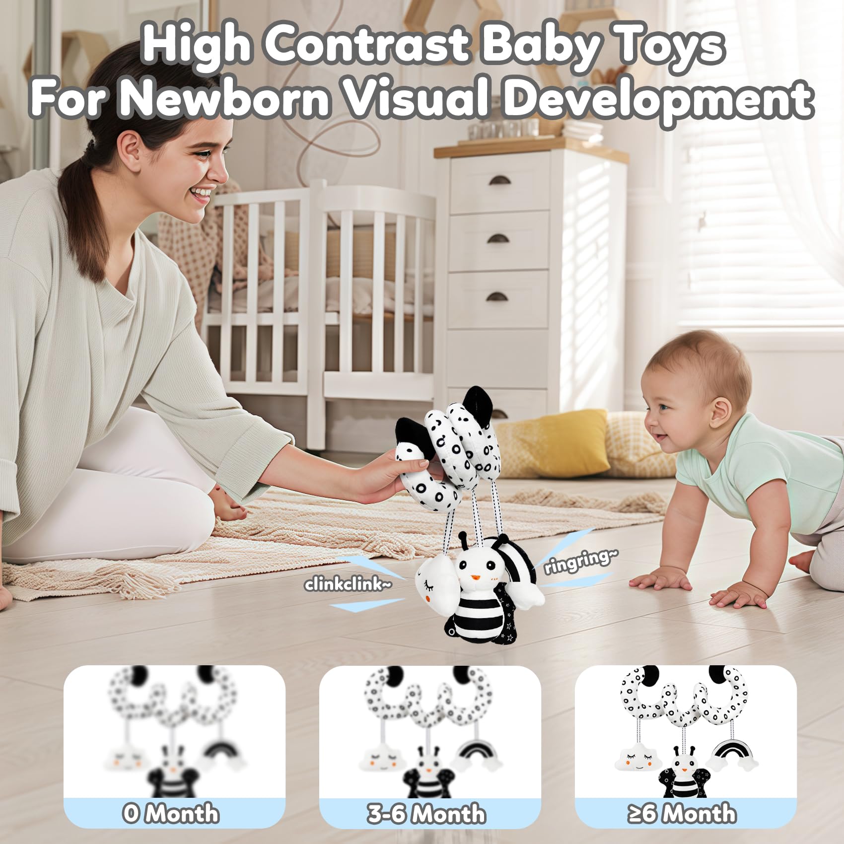 TSYAN Black & White High Contrast Car Seat Toy for Newborns 0-6 Months – Spiral Plush with Bell & Squeaker
