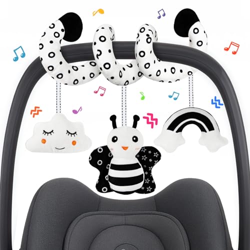 TSYAN Black & White High Contrast Car Seat Toy for Newborns 0-6 Months – Spiral Plush with Bell & Squeaker