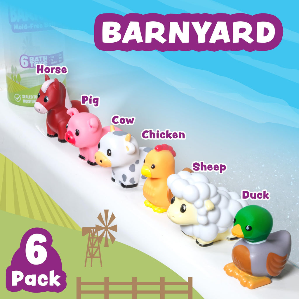 Tub Works Barnyard Mold Free Bath Toys 6-Pack – Sealed No-Hole Farm Animals for Toddlers