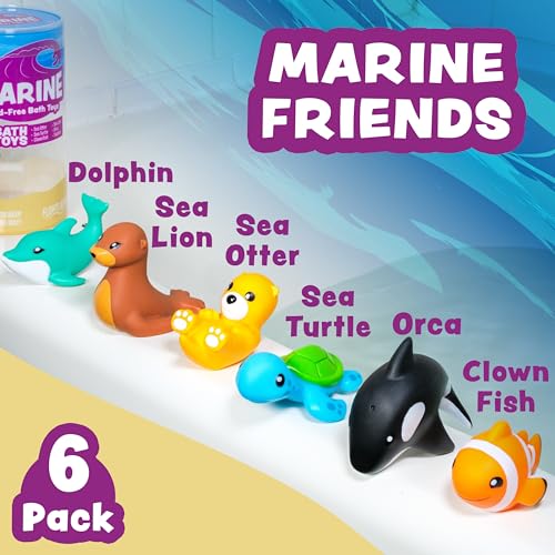 Tub Works Marine Mold-Free Bath Toys 6-Pack – Sealed No-Hole Design for Baby & Toddler Bath Fun