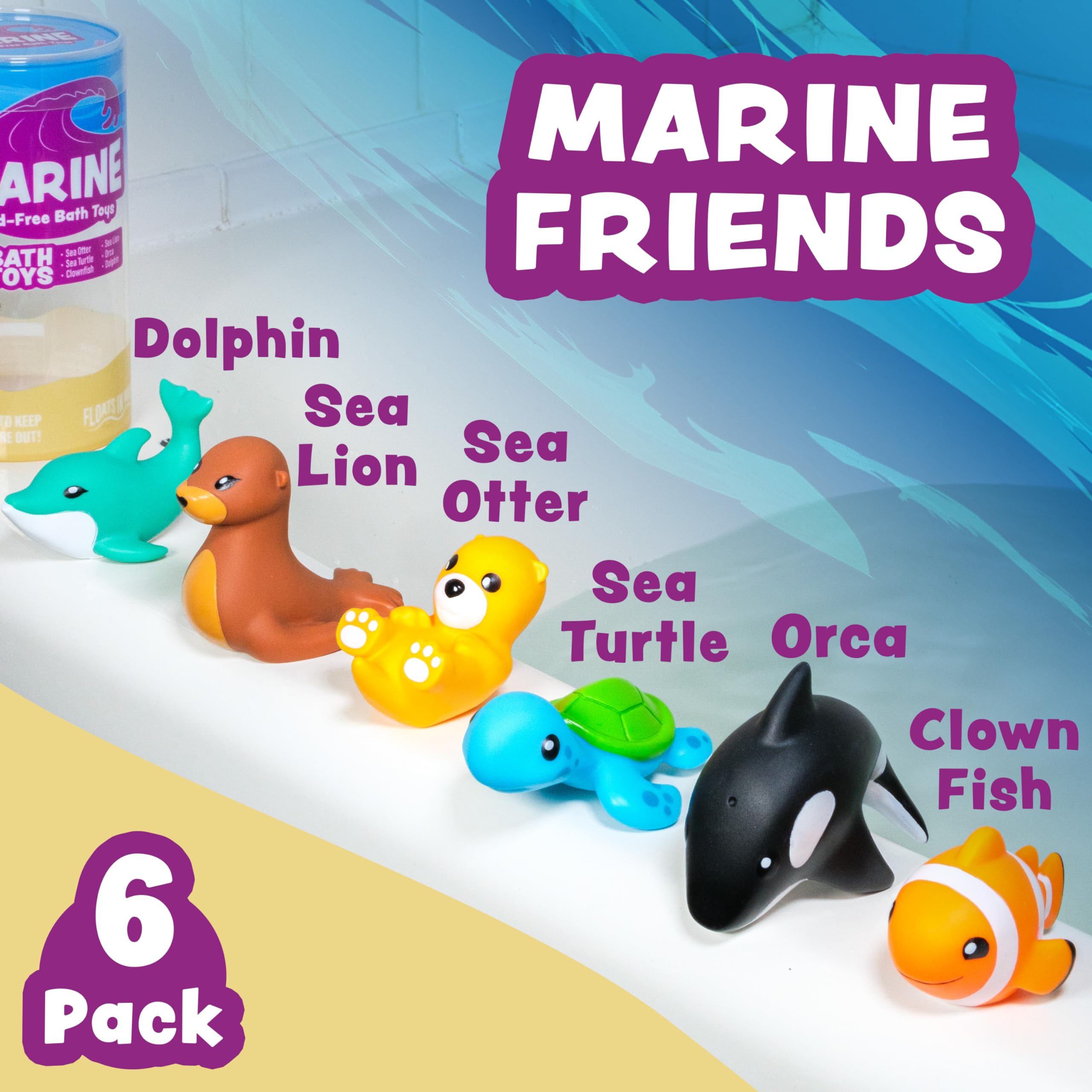 Tub Works Marine Mold-Free Bath Toys 6-Pack – Sealed No-Hole Design for Baby & Toddler Bath Fun