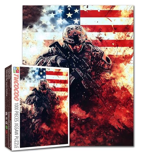 Tucocoo American Soldier Battle 1000 Piece Jigsaw Puzzle – US Flag Art, 20 x 27 Inches, for Adults and Family Game Nights