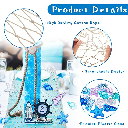 Tudomro Mermaid Table Runner and Gem Set – 38x67 Inch Fishing Net with Shell and Starfish Gems for Beach Party Decor