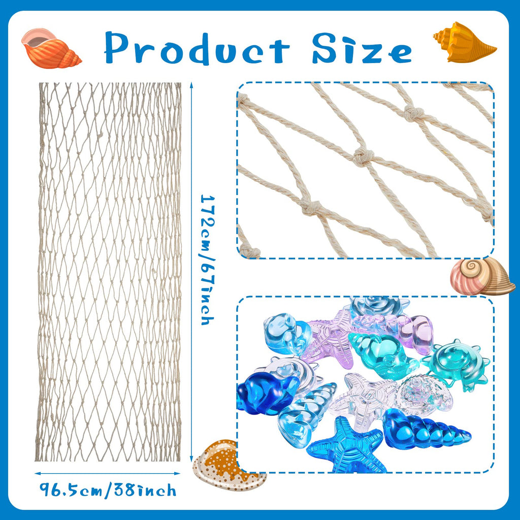 Tudomro Mermaid Table Runner and Gem Set – 38x67 Inch Fishing Net with Shell and Starfish Gems for Beach Party Decor