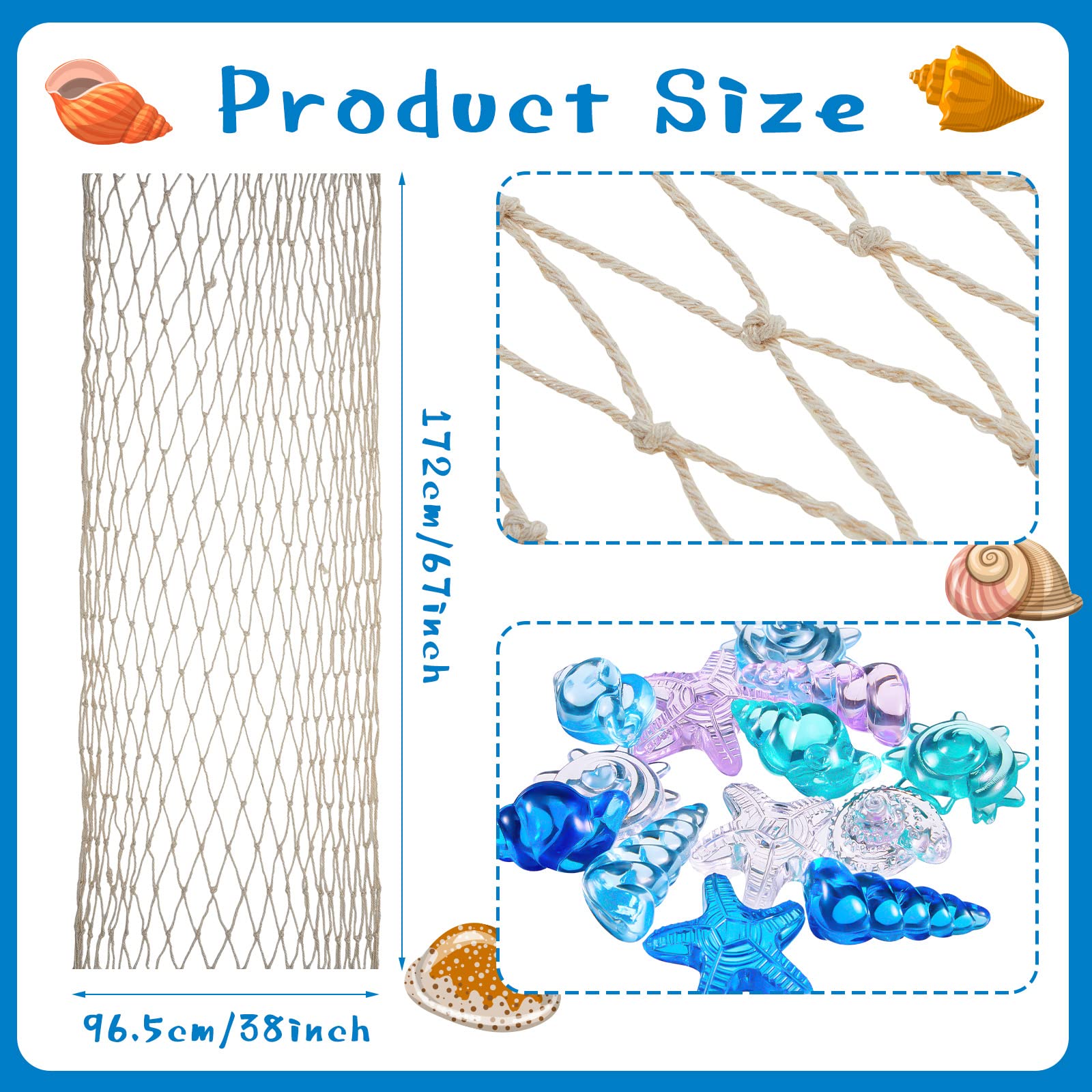 Tudomro Mermaid Table Runner and Gem Set – 38x67 Inch Fishing Net with Shell and Starfish Gems for Beach Party Decor