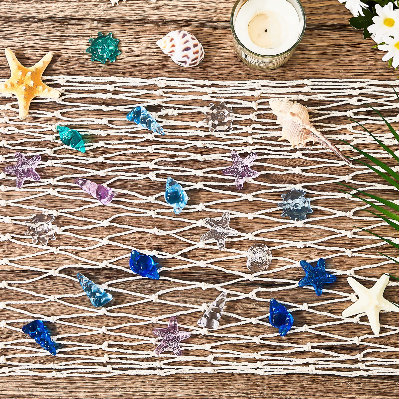 Tudomro Mermaid Table Runner and Gem Set – 38x67 Inch Fishing Net with Shell and Starfish Gems for Beach Party Decor