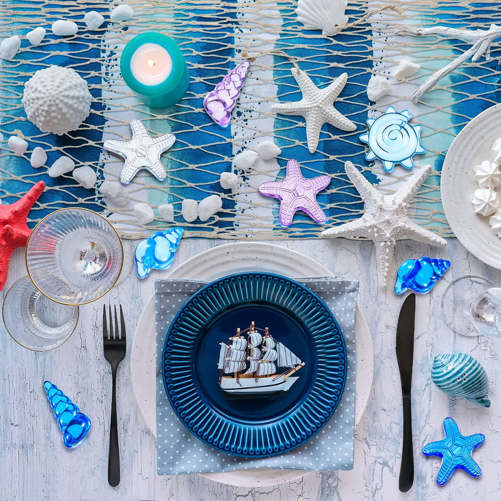 Tudomro Mermaid Table Runner and Gem Set – 38x67 Inch Fishing Net with Shell and Starfish Gems for Beach Party Decor
