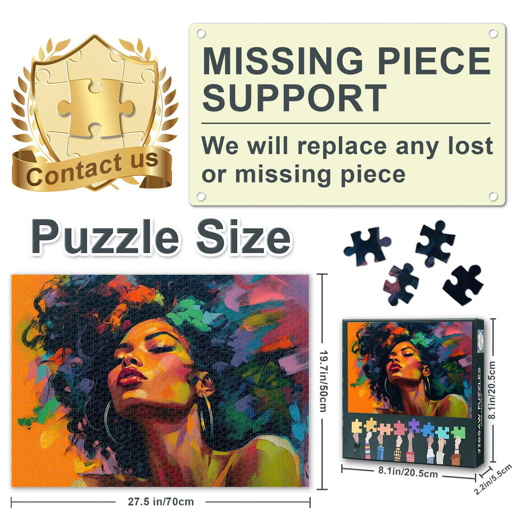 TUMOVO 1000-Piece Puzzle: Colorful Abstract Black Woman Portrait, Afrocentric Pop Art Jigsaw for Adults - 27.5x19.7 Inches, Premium Quality
