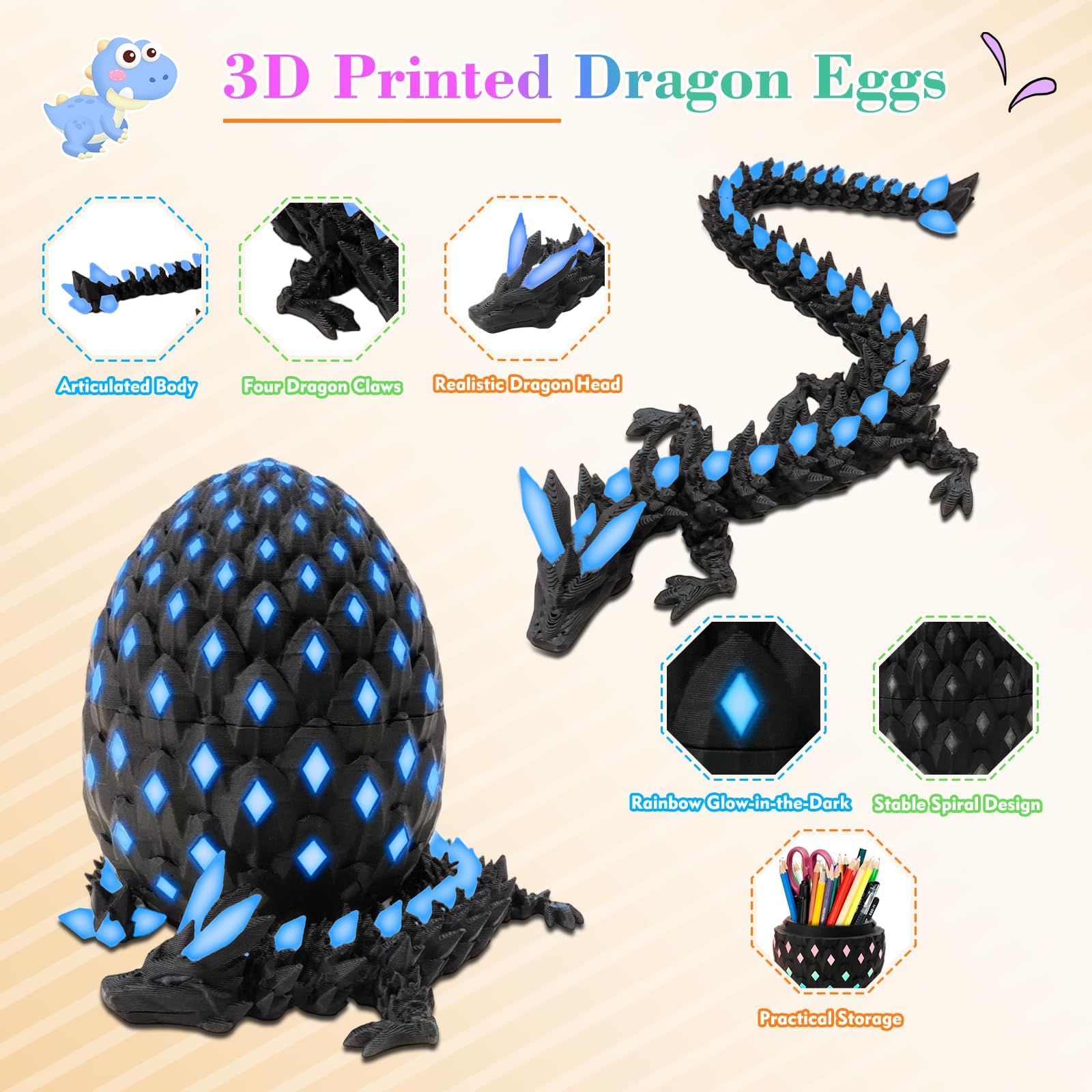 Tungole Glow-in-the-Dark 3D Dragon Egg – UV Reactive, Poseable, with Matching Egg – Toy for Kids