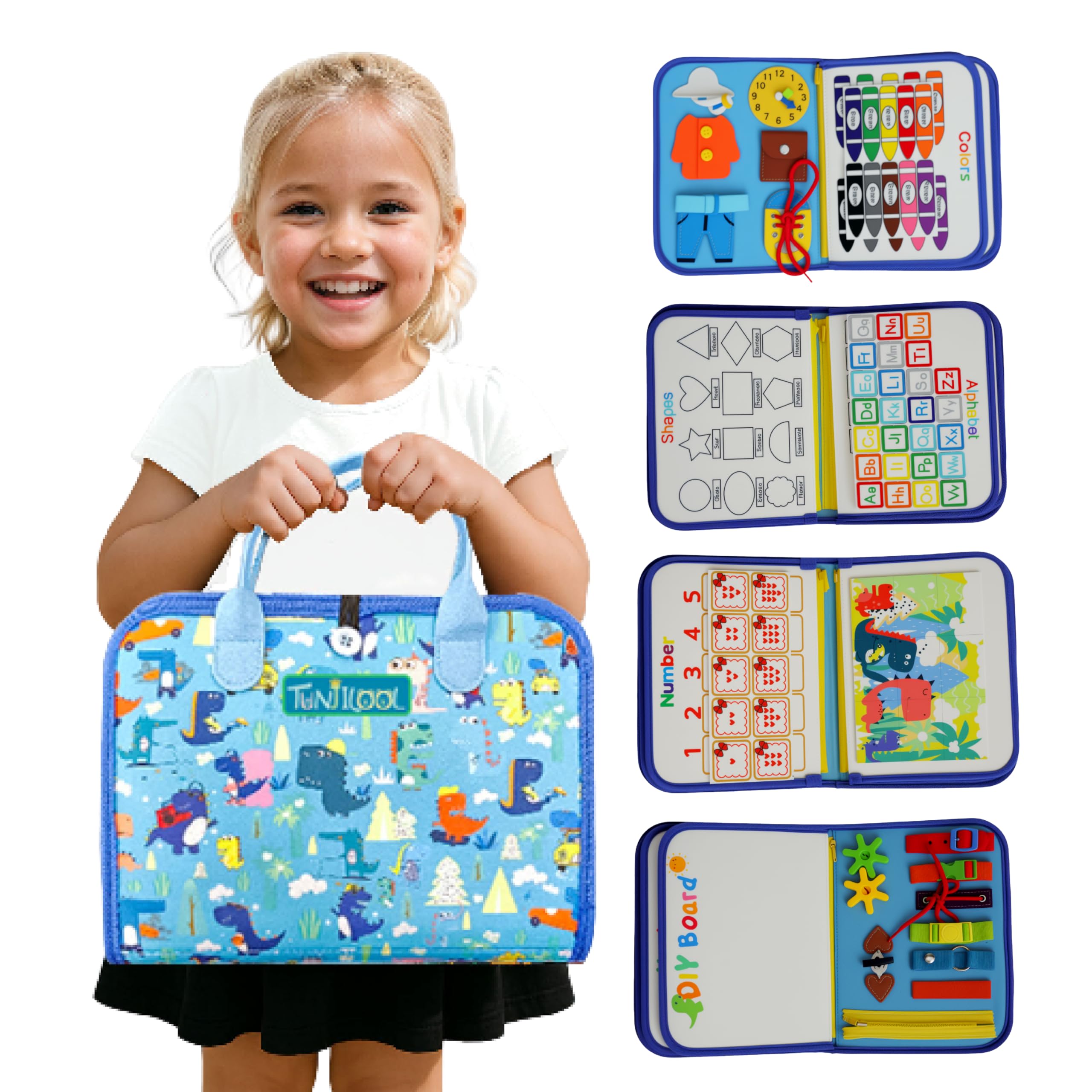 TUNJILOOL Montessori Busy Board – 8-in-1 Sensory Activity Book with Detachable Pages