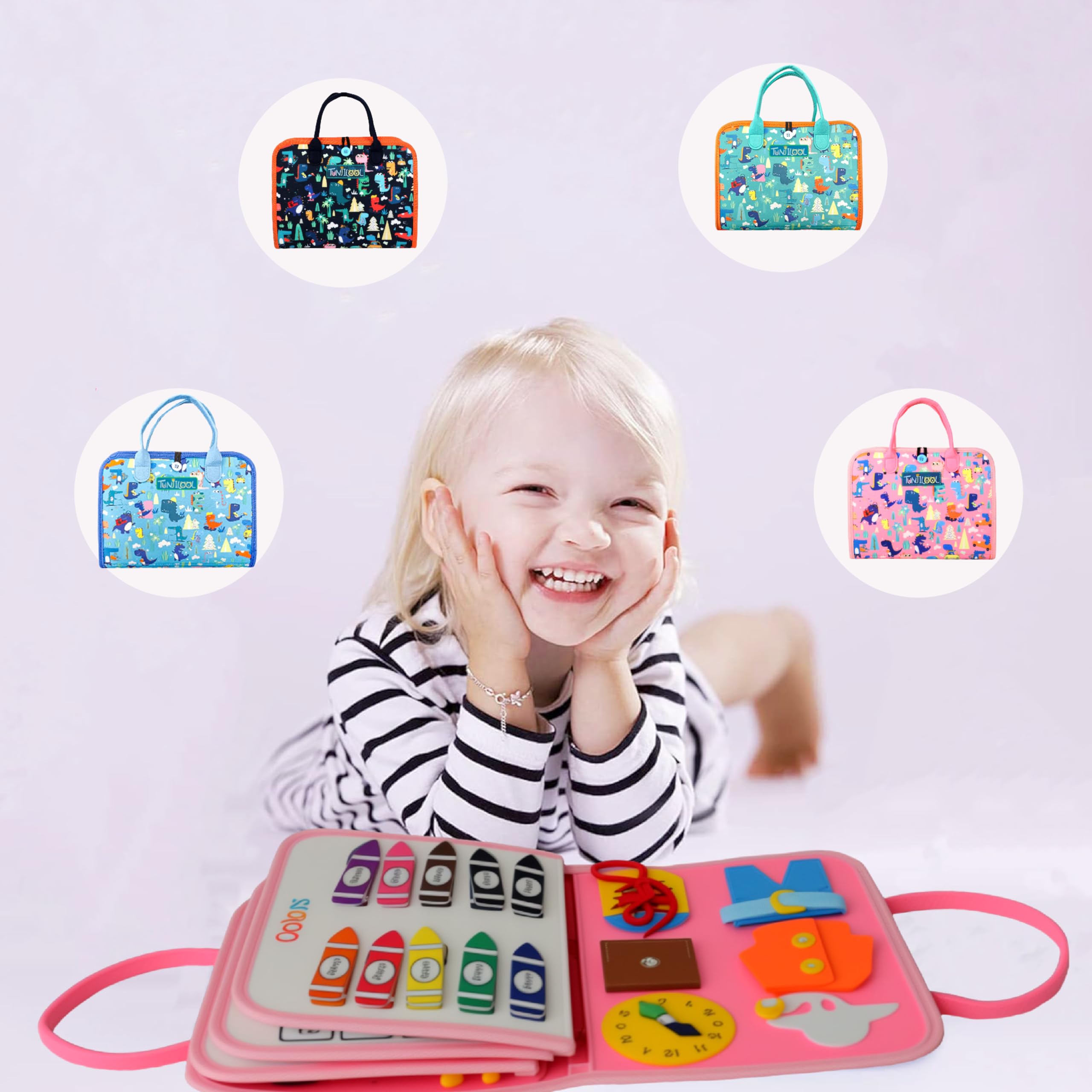 TUNJILOOL Montessori Busy Board – 8-in-1 Sensory Activity Book with Detachable Pages