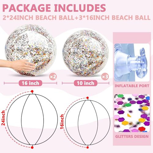 TURNMEON 5-Pack Glitter Sequins Beach Balls – 16 & 24 Inch Clear Inflatable Pool Toys for Kids & Adults